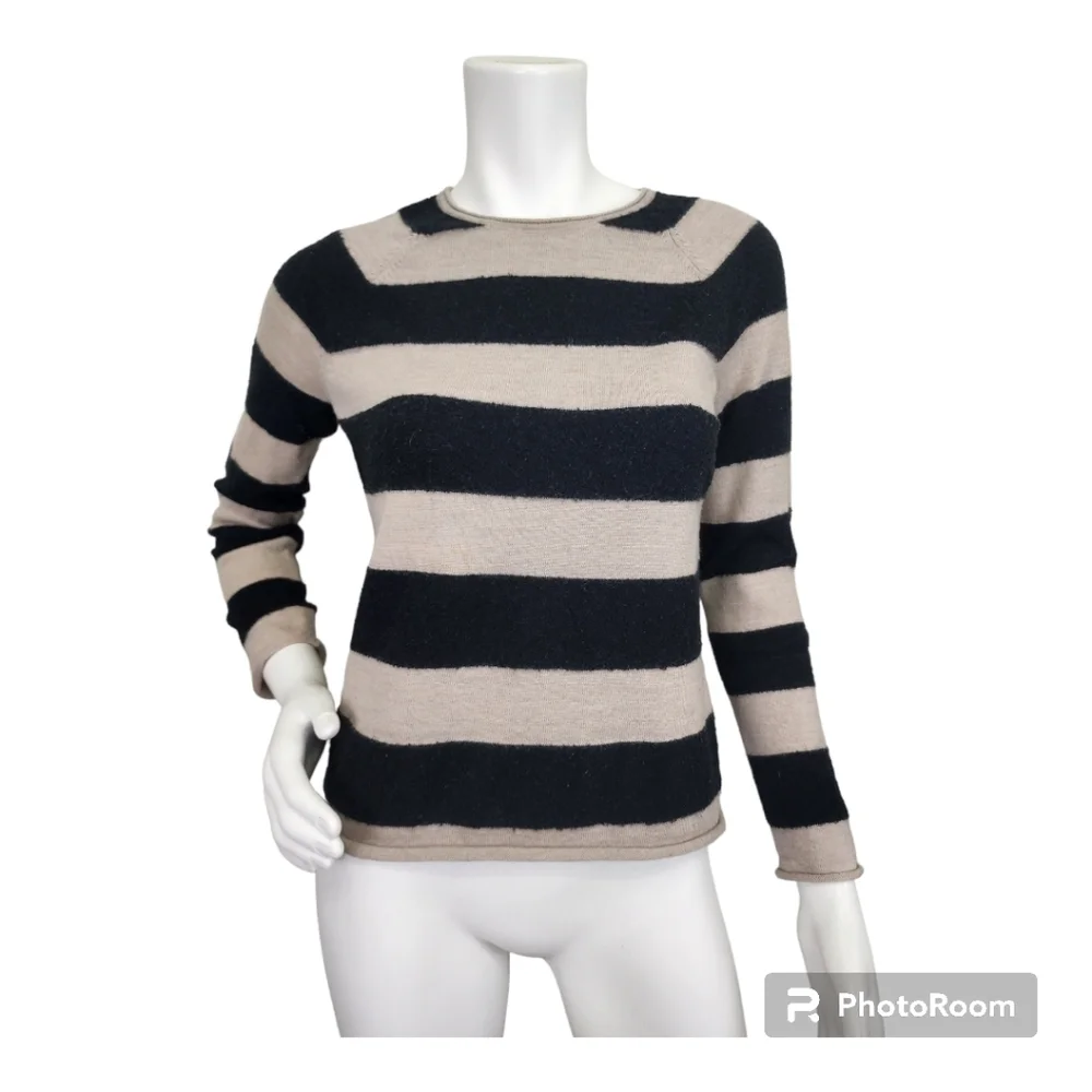Tory Burch Striped Black Tan Long Sleeve Wool Sweater Size S